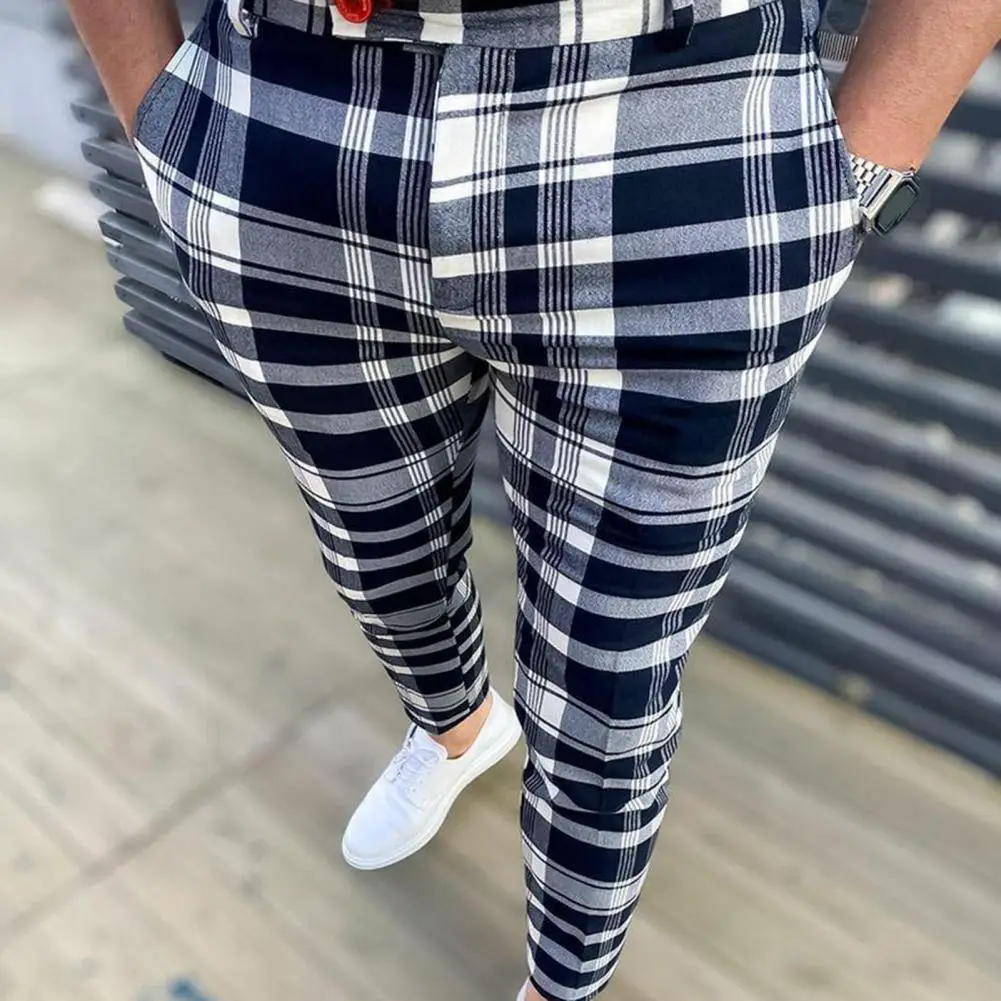 Mens Chinos Pants Slim Plaid Check Pants Male Trousers Mens Casual Pant