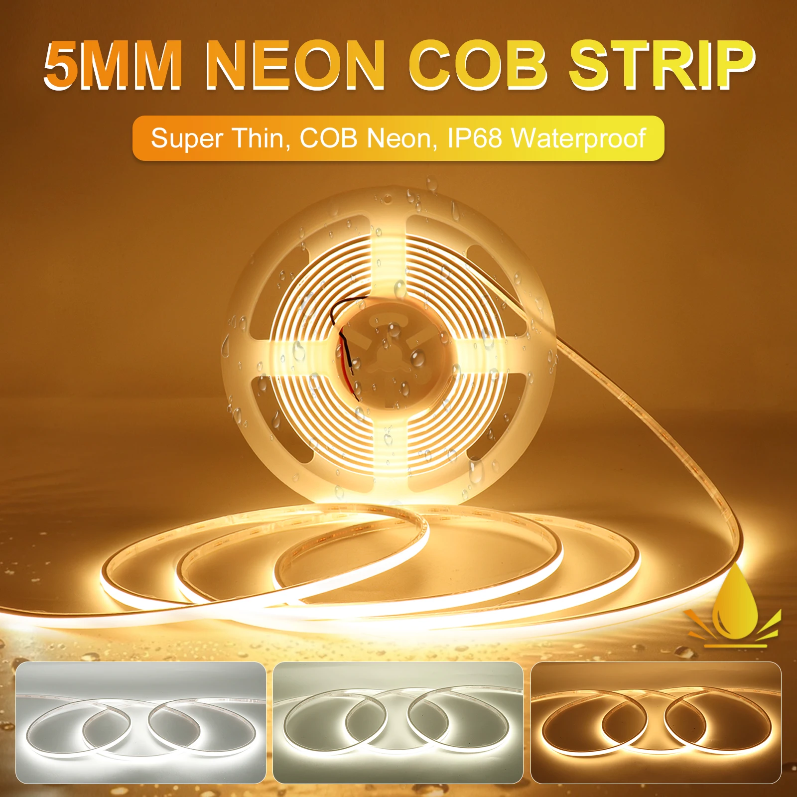 \u200b5mm IP68 Neon COB LED Strip Light Ultra Thin Waterproof Ribbon 24V LED  Tape 3000K 4000K 6000K Indoor Outdoor Decor Lighting\u200b - AliExpress, image size:1600x1600