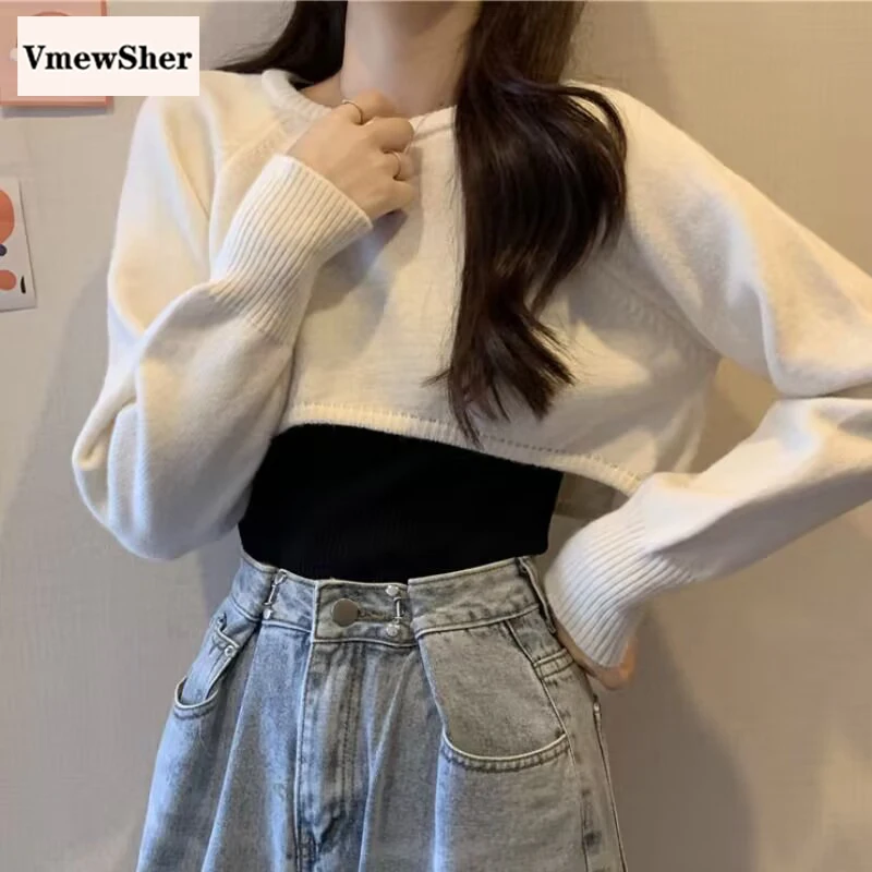 

VmewSher New Spring Women Sweater O Neck Autumn Long Sleeve Solid Knitted Pullover Short Knitwear Girls Cute Knit Crop Tops 2023