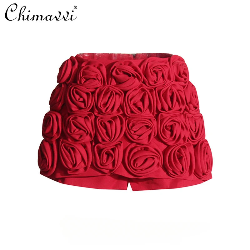 heavy-casual-shorts-2024-spring-summer-new-high-end-fashion-stitching-three-dimensional-rose-high-waist-slimming-hot-girl-shorts