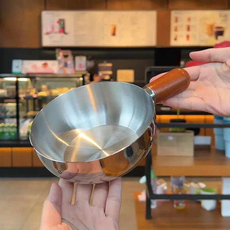 1pcs Single-person Pot Stainless Steel Bowl Walnut Wood Handle Fruit Salad Yogurt Bowl Breakfast Cooking Tool Kitchen Restaurant