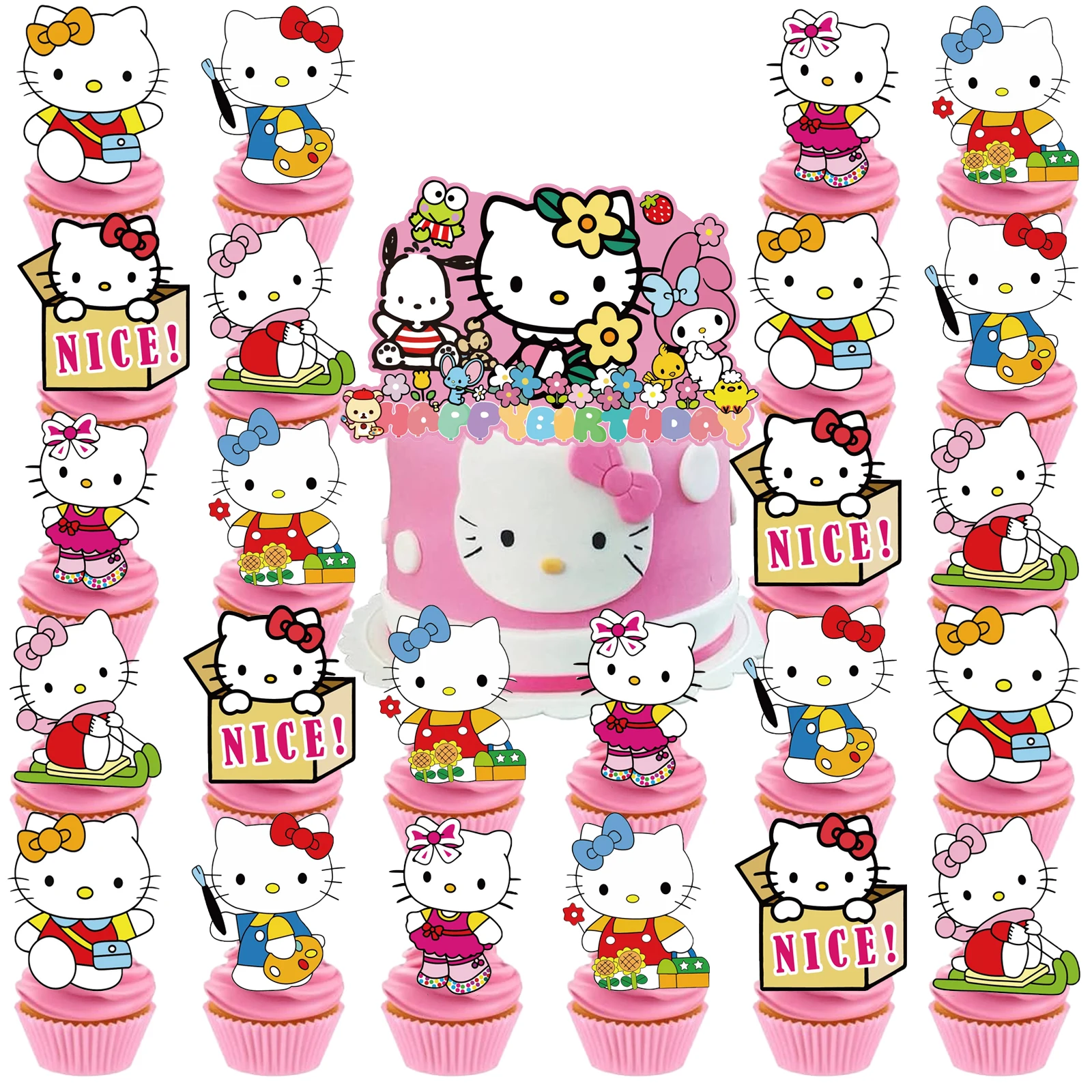 Hello Kitty Cake Topper、Cupcake Toppers ,Hello Kitty Birthday Decoration Theme Party Supplies,Birthday Cake Decorations