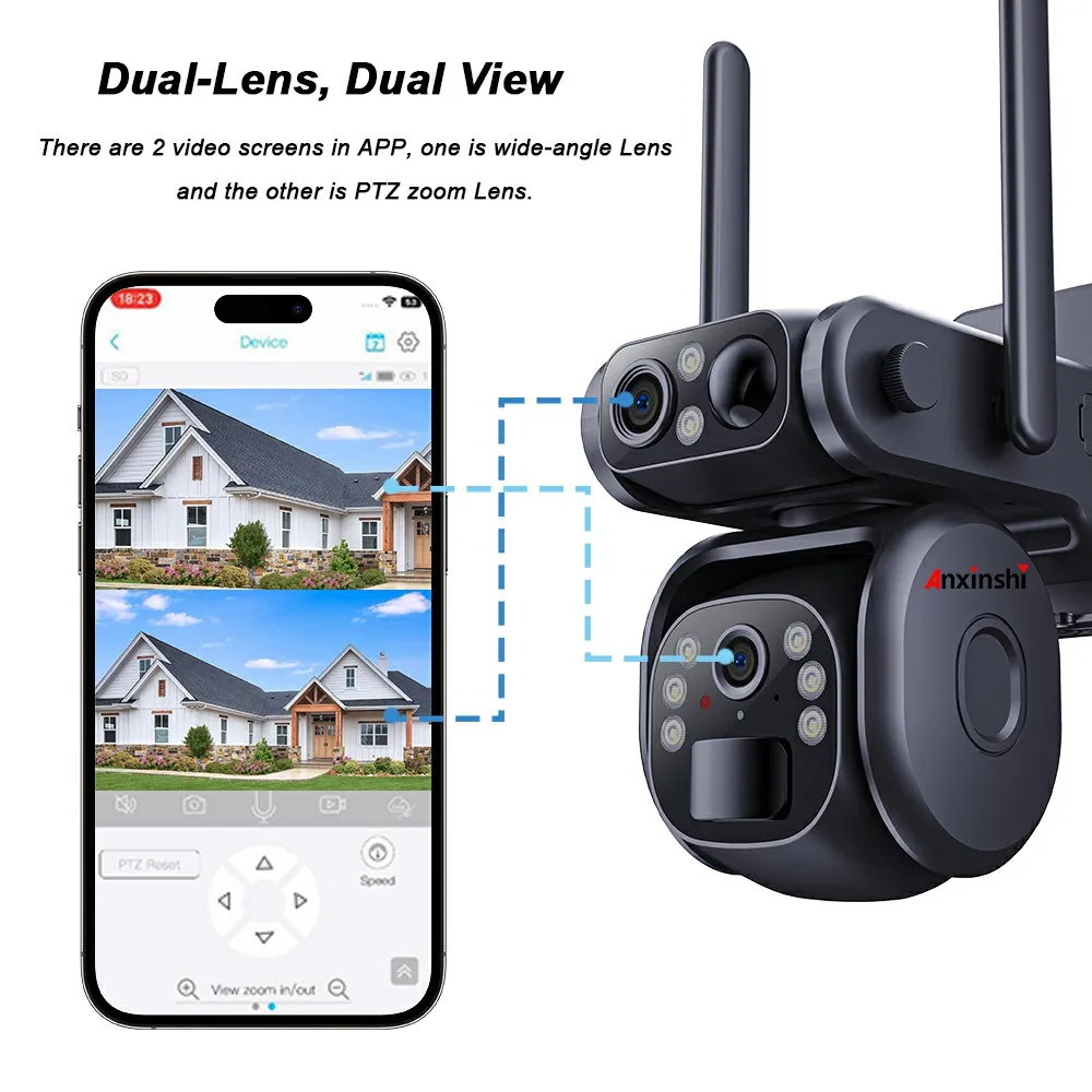 안신시 브랜드 유박스 앱 듀얼 렌즈 4G 와이파이 태양광 PTZ 카메라 PIR AI 인체 감지 태양광 배터리 카메라