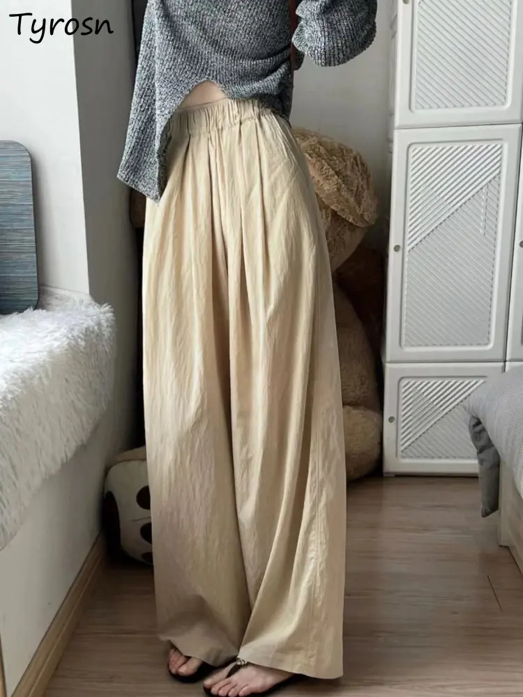 

Pants Women Summer Loose Fashion Simple Solid Design Folds All-match High Waist Tender New Straight Vintage Leisure Korean Style
