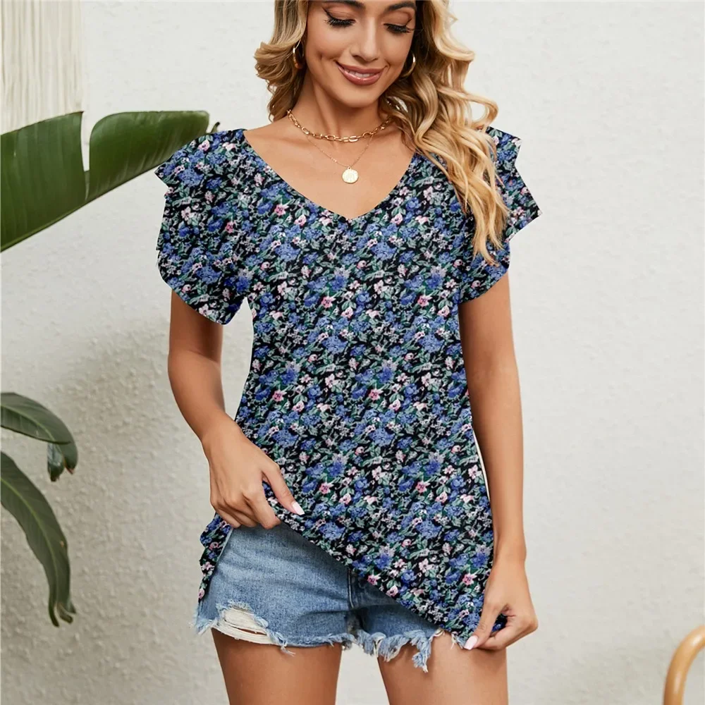 

Women's Shirts & Blouses for Women Elegant Summer Tops Short Sleeve Korean Popular Floral Blouse Black Woman Trend 2024 Clothing