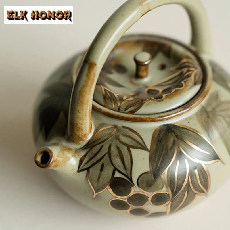 Gold Drawing Teapot Warmer Set Antique Hand-painted Grape Candle Heating Furnace Aesthetic Tea Stove Kettle Stand For Tea Gift