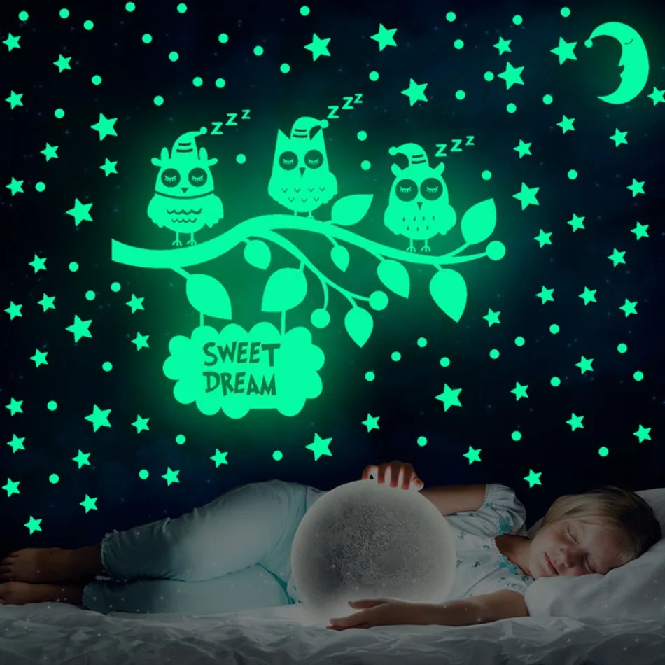 Glow in the Dark Owl Stickers-Fluorescent Star Dot Decals, Self-Adhesive Cartoon Wall Art for Kids Room Decor