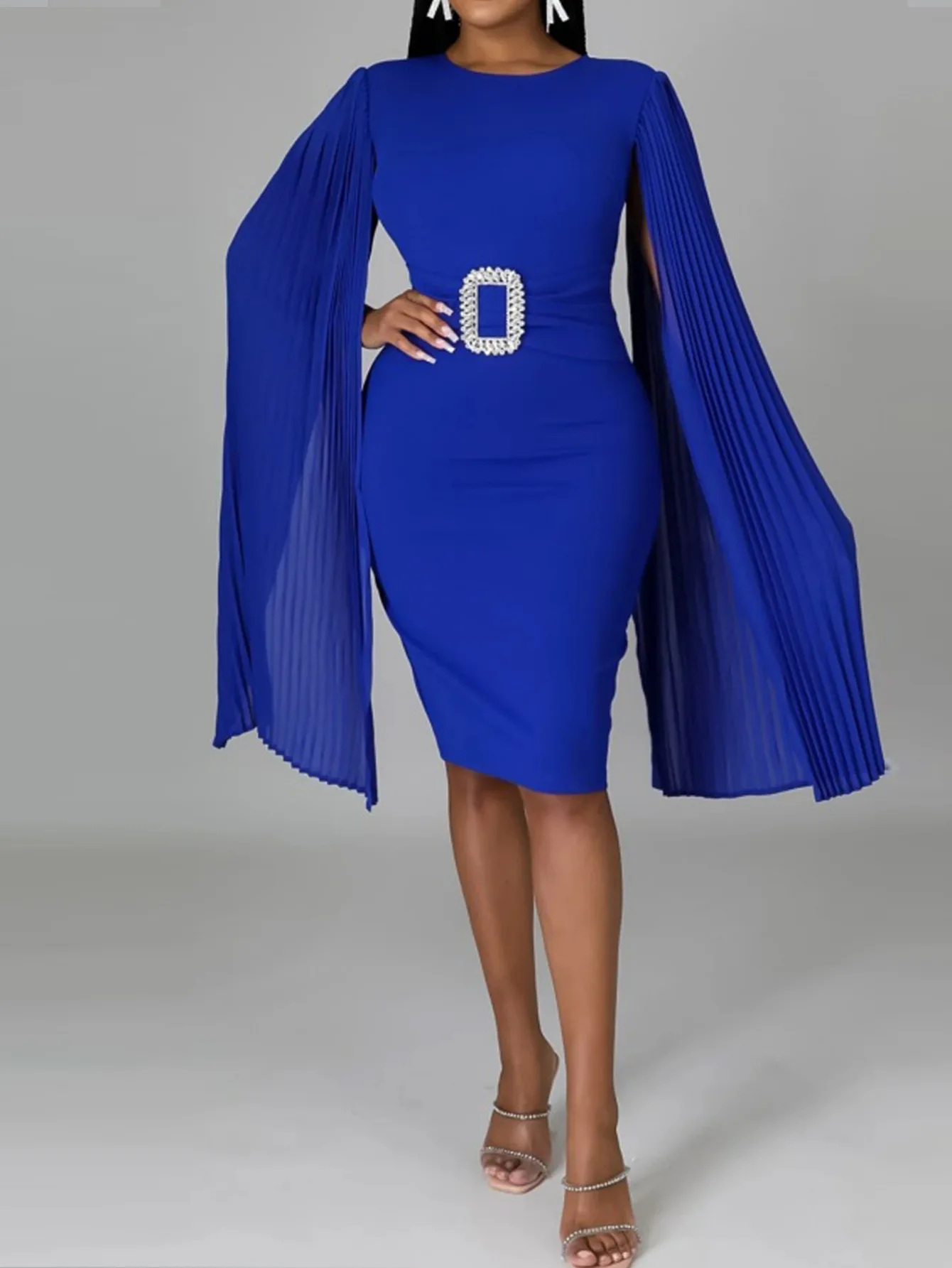 

New sexy round neck celebrity dinner shawl sleeve dress Plus size blue slim-fit pencil cocktail dress