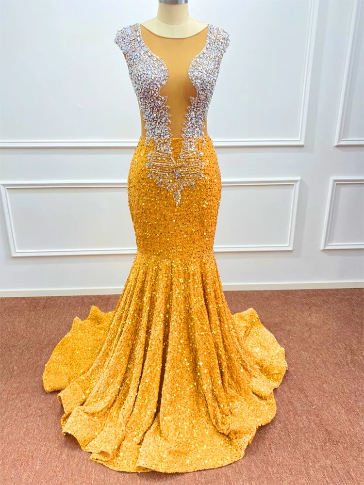 

SUNNYE Gold Sexy Prom Dress Beading Gem Stones Bodice Illusion Sparking Sequins Gown Mermaid Floor-length Skirt Formal Party