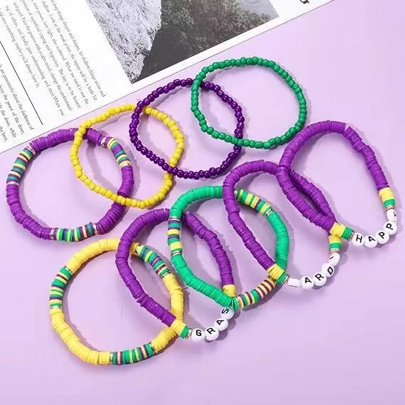 9pcs Color Block Polymer Clay Beads Bracelets,one-size