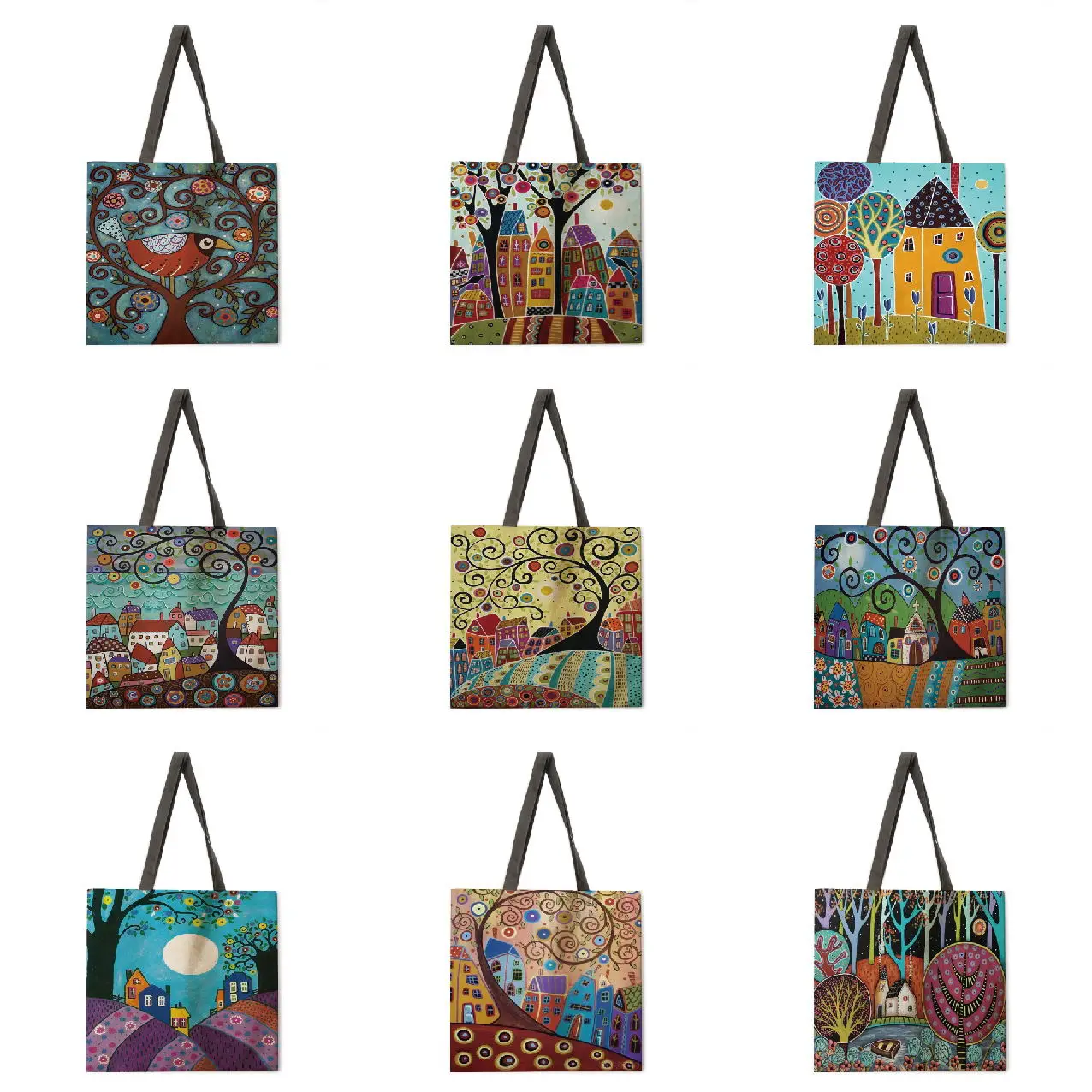

Reusable Shopping Bag House & Tree Print Tote Bag Ladies Shoulder Bag Linen Bag Outdoor Beach Bag Everyday Tote Bag