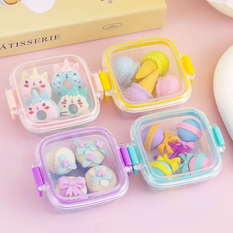 Random 1pc Lunch Box Eraser Set Lovely Eraser Soft Pencil School Students Stationery Supplies Exquisite Prize Gifts