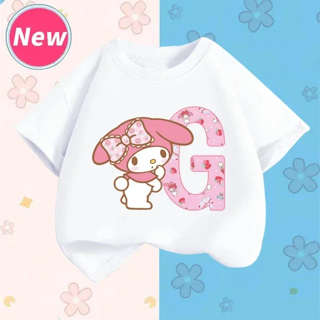 thumbnail image 1 of Camiseta de manga corta para niños con letras de la A a la Z de My Melody Anime, camiseta de algodón de verano para niños de Sanrio, regalo de cumpleaños kawaii suave con forma de corazón para niñas, 1 of 5