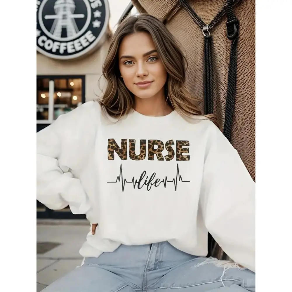 

Nurse Life Print Sporty Sweatshirt Round Neck Pullover Casual Long Sleeve Crew Neck Sports Clothing Loose Hoodie for Women
