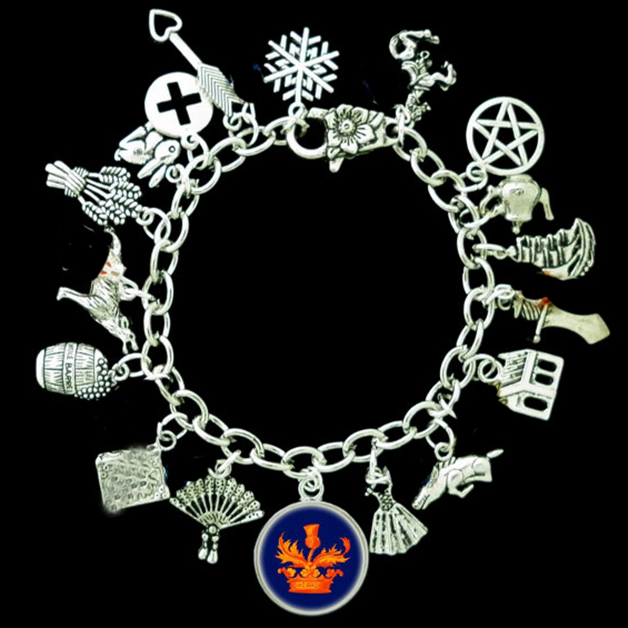 

6pcs Outlander Themed Fan Cross Sailing Ship Snowflake Charm Bracelet Silver Tone