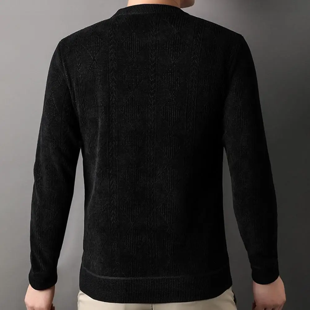 Men Long Sleeve Sweater Versatile Men's Casual Warm Sweater with Thicken Plush Lining Jacquard Texture Knitting for Autumn