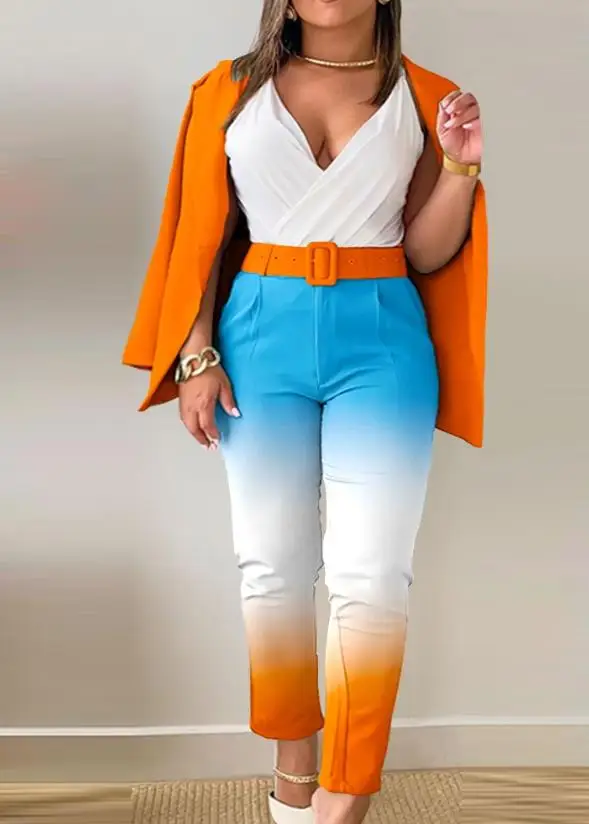 Plus Size Split Collar Suit Coat and Ombre Pants Set 2023 New Fashion Hot Selling Women's Single Button Long Sleeve