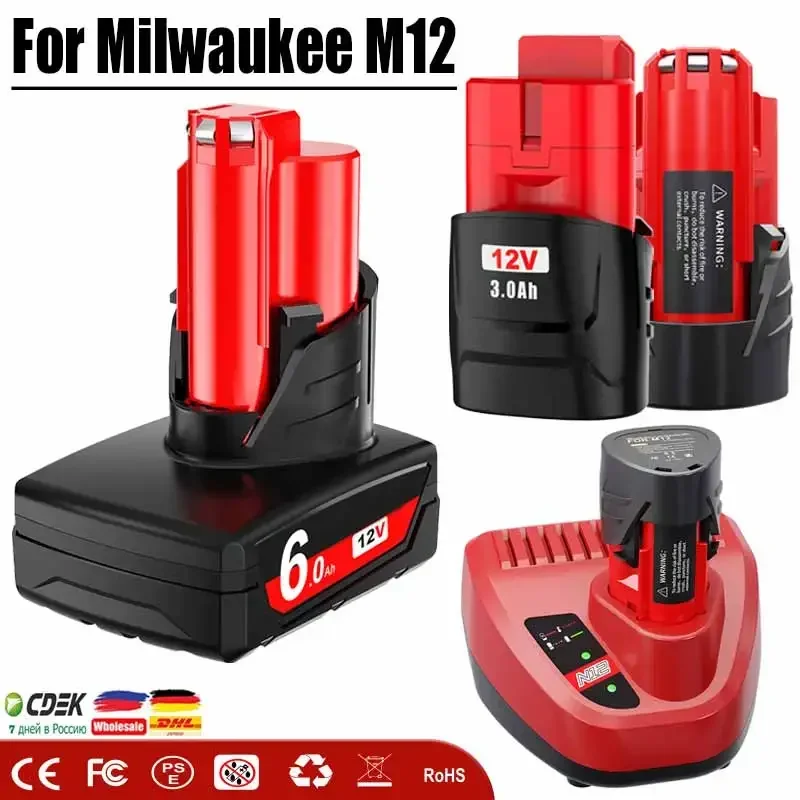 

For Milwaukee M12 Rechargeable Battery 3.0Ah/6.0Ah For 12V Cordless Tools 48-11-2402 48-11-2411 48-11-2401 MIL-12A-LI+charger