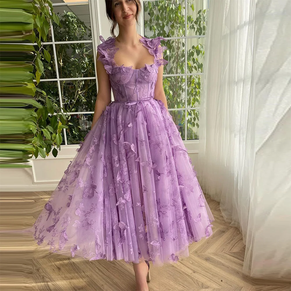 

Sevintage Lavender Butterfly Lace Appliques Prom Dresses Sweetheart Sleeveless Tea-Length A-Line Evening Gowns Party Dress 2023