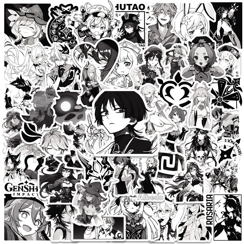 

50Pcs Black and White Genshin Impact Series Graffiti Stickers Suitable for Laptop Helmets Desktop Decoration DIY Stickers