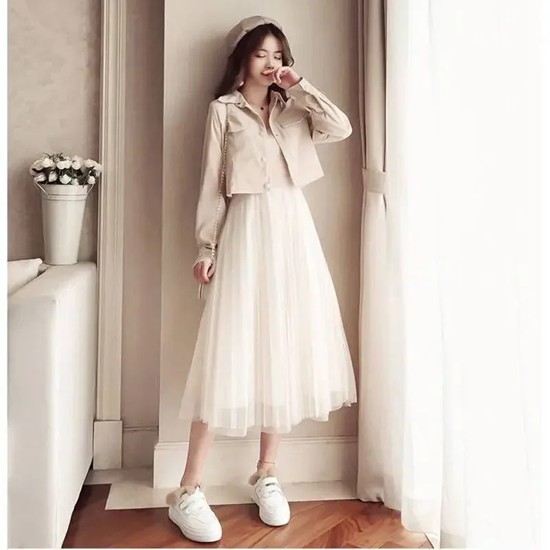 Women 2 Piece Set Spring Autumn Full Sweet Single Breasted Turn-down Collar Slip Dress Korean Ladylike Simple Dress