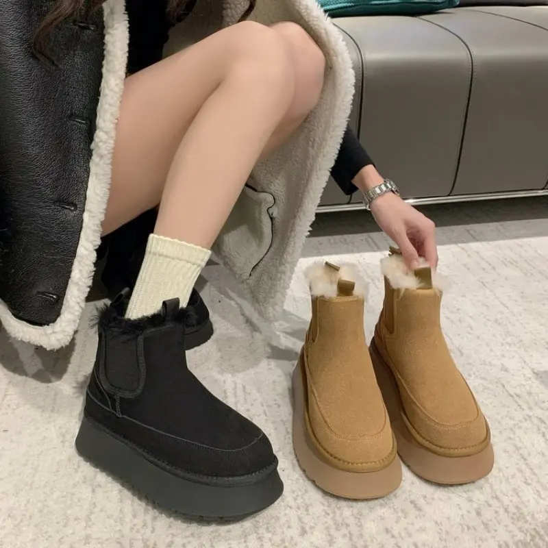 NEW Winter Women's Boots Plus Velvet Warm Casual Shoes One Step Suede Leather Trendy Women's Ankle Boots Chelsea Women's Boots