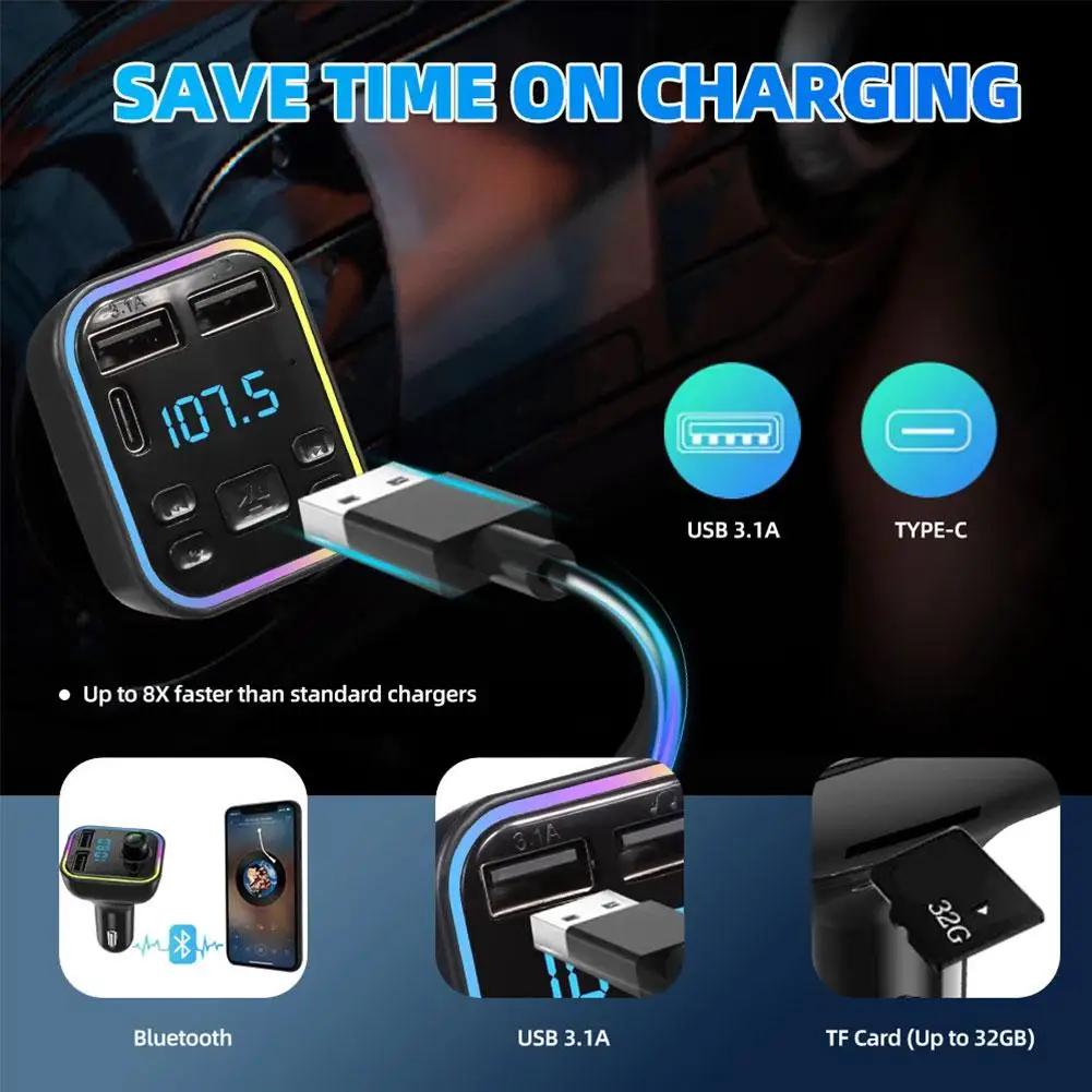 

V5.0 Car Audio Adapter Transmitter PD Type-C Dual USB3.1A Calls Light Hands-free Ambient Interface Fast TF RGB Charging FM Q3P5