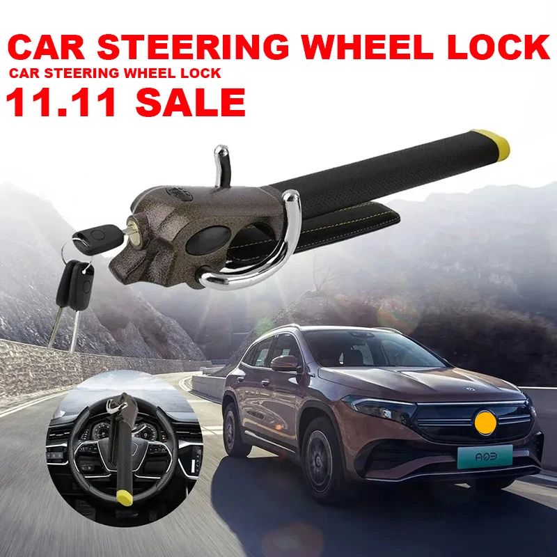 

Car Steering Wheel Lock Leather Wrapped Metal 3 Key Airbag Alarm Automotive Safety Accessory For Sedan Bus Truck Suv Anti Theft