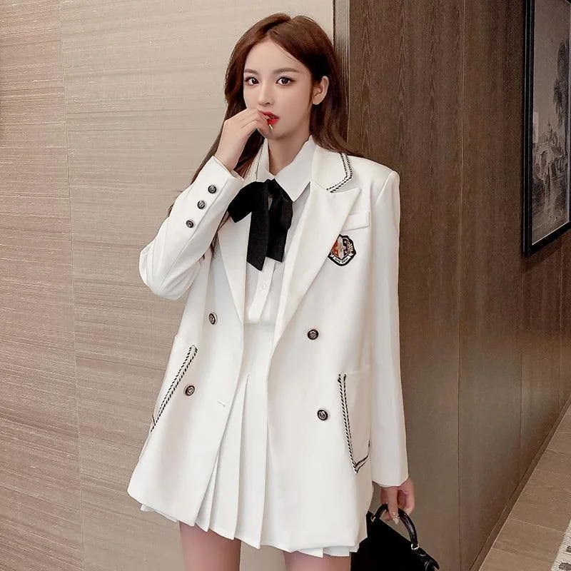 

Korean High Waist A-shaped Thin Bow Tie Bow Tie Shirt Suit Coat Pleated A-line Skirt Three Piece Sets Preppy