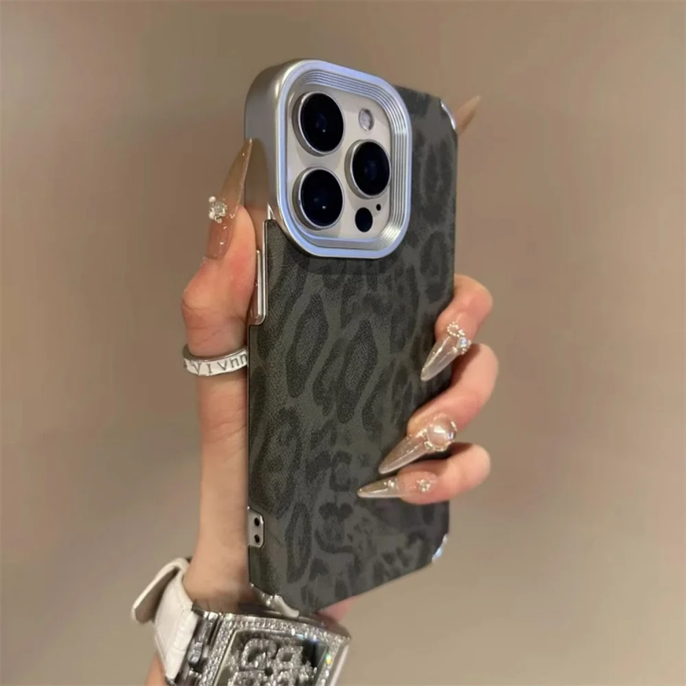 Luxury Cool Leopard Pattern Matte Plating Leather Texture Shockproof Phone Case