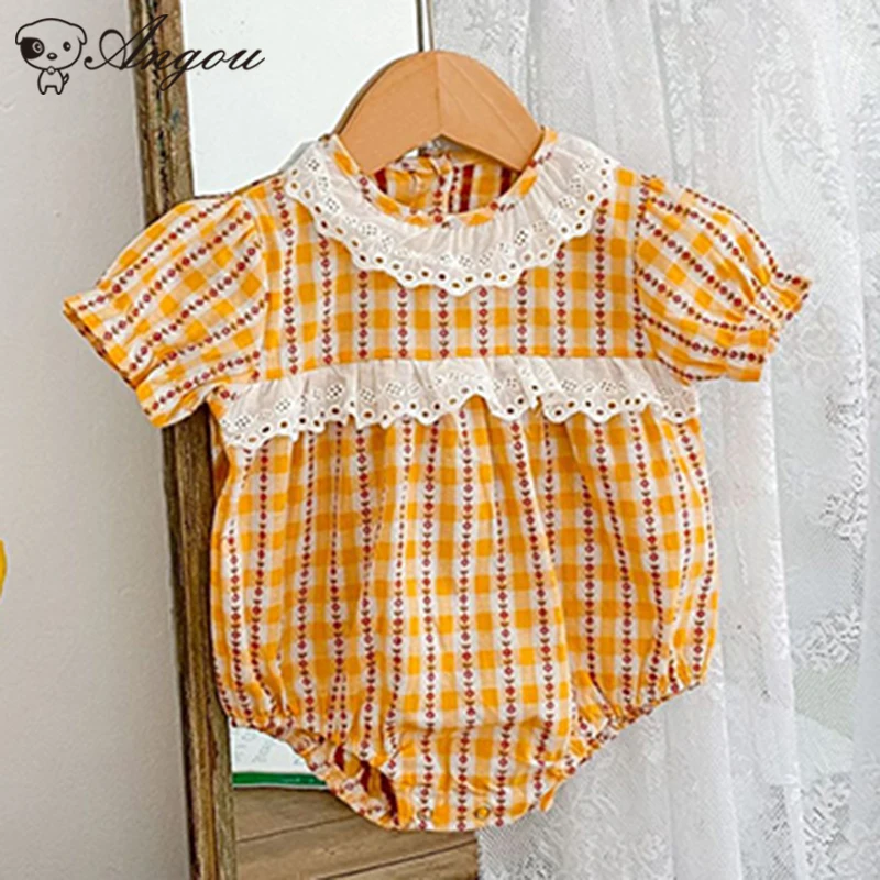 

Korean Style Toddler Baby Girls Plaid Rompers Infant Baby Girls Short Sleeves Jumpsuit Cotton Girls Summer Rompers Clothes