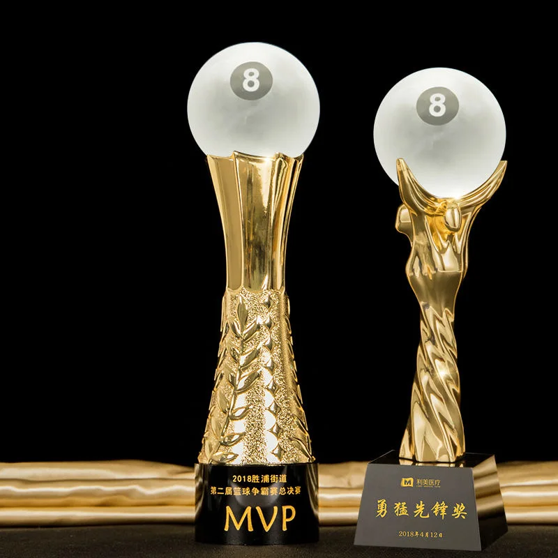 Customized Crystal Trophy, Electroplating Golden Resin, Creative Excellent Award Snooker Event Souvenir billiard Trophy Gift Box