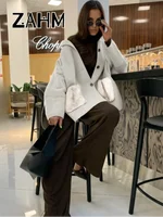 Casual Knitted Faux Fur Patchwork Coat Women Turtleneck Single Breasted Pocket Coats Female 2025 Winter Lady Knitwear New 2