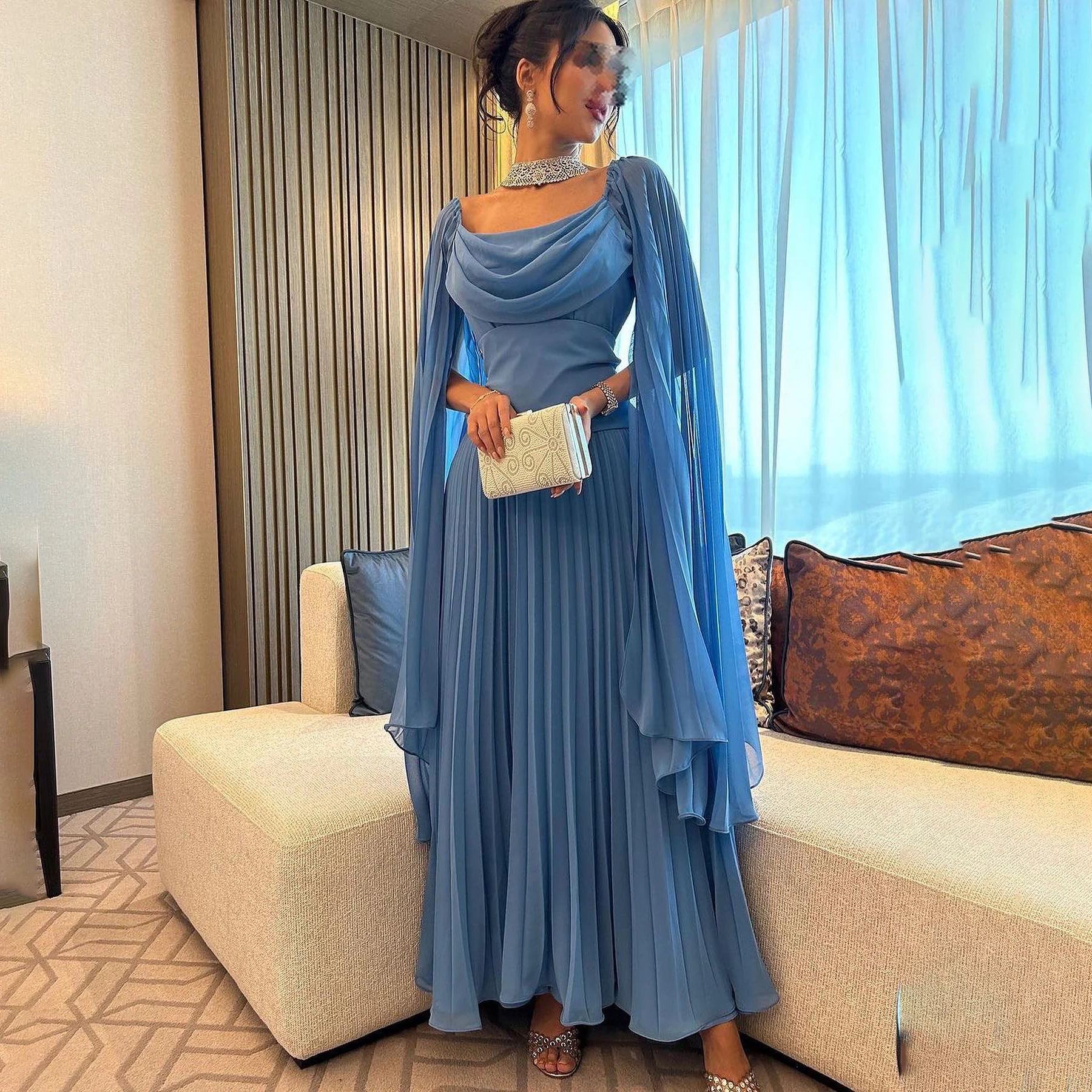 

GIOIO Square Collar Luxury Formal Evening Dresses Shawl Long Sleeves فساتين سهرة Ankle Length Elegant Prom Growns Party Women