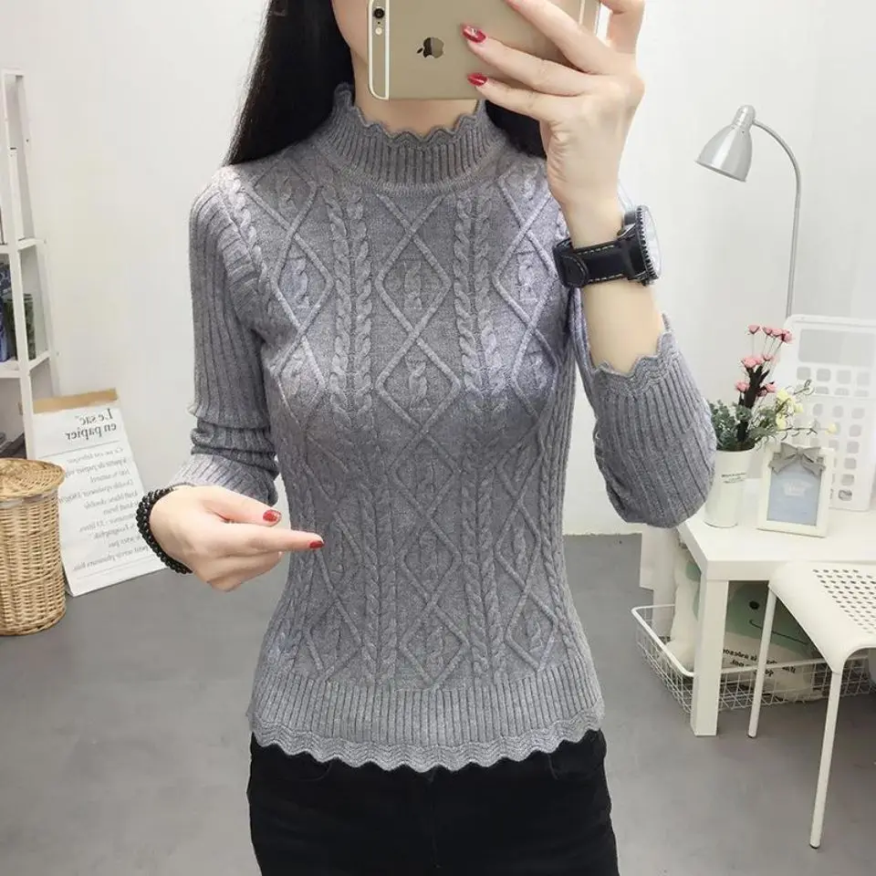 

Autumn New Sweet Bottoming Shirt Women Half Height Collar Slim Solid Color Lace Hollow Out Popularity All-match Sweater D112