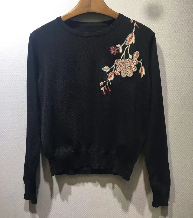 

High Quality New Sweaters 2022 Autumn Winter Pullovers Women Floral Embroidery Deco Long Sleeve Casual Knitted Jumpers Tops