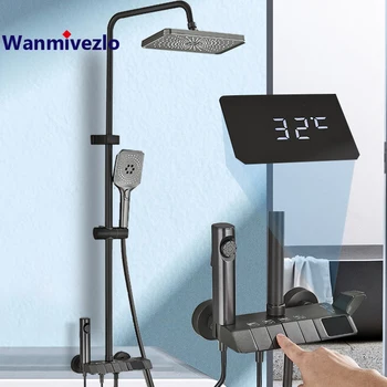 GRIGIO Set di rubinetti per doccia con display digitale intelligente Sistema da bagno a pioggia in stile pianoforte Miscelatore digitale grigio Doccia per bidet 1
