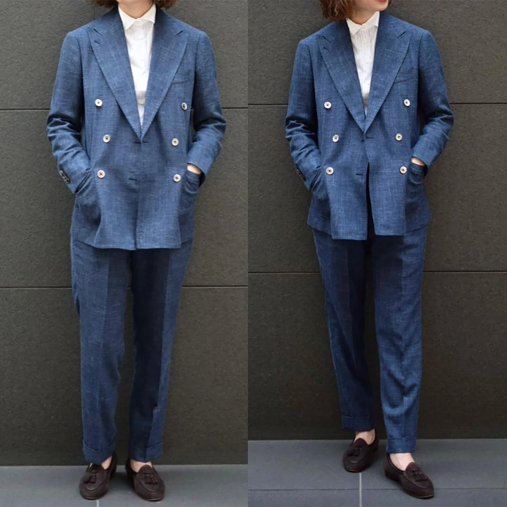 Dark Blue Denim Women Suits 2 Pieces Single Breasted Tailored Blazer