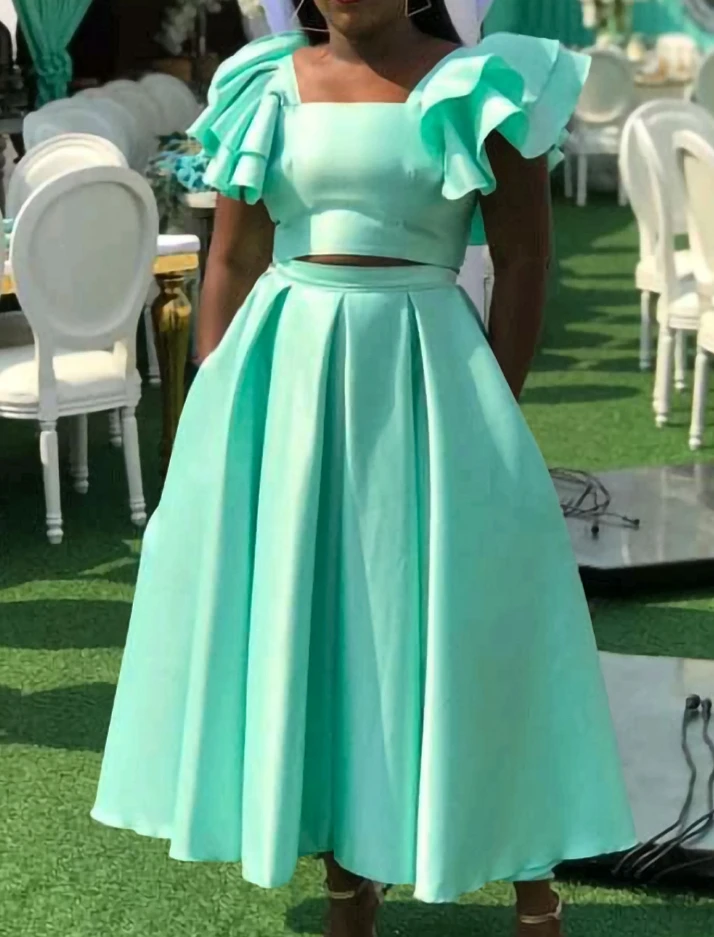 ruffle edge this week chiffon shirt blouse wide leg jeans two piece elegant women s pants set summer outfits clothing 2024 Summer Fashion Women's Elegant Two-piece Set Solid Color Ruffled Edge Short Sleeved Crop Blouse Top and Ruched Skirt Set