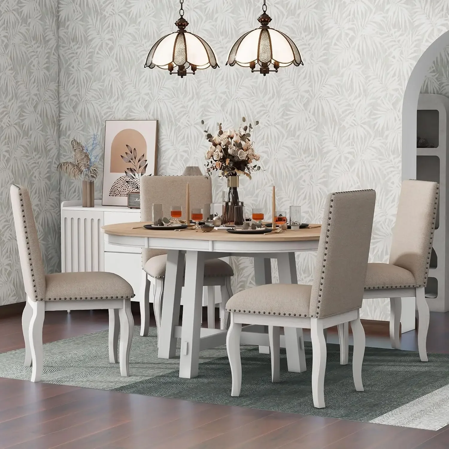 Description Picture 3 of item5-Piece Round Dining Table Set, Wood Farmhouse Round Extendable Dining Table and 4 Upholstered Dining Chairs for 4 Person