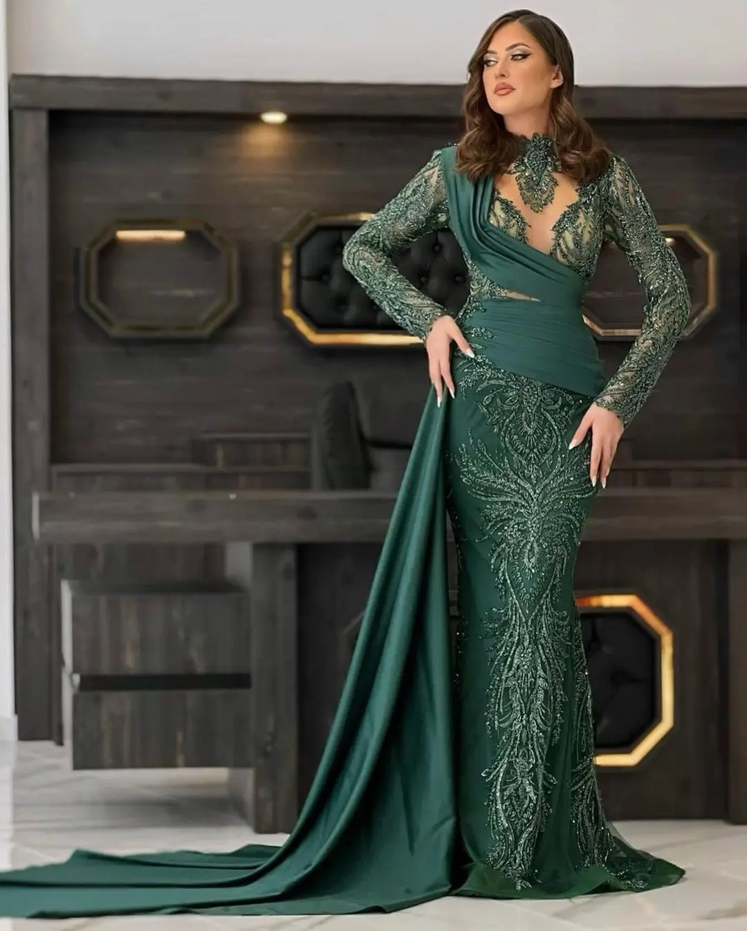 

Elegant Muslim Sequin Evening Night Dresses for Women Long Sleeves Sweetheart Aline Satin Wedding Prom Dress Formal Party Gowns