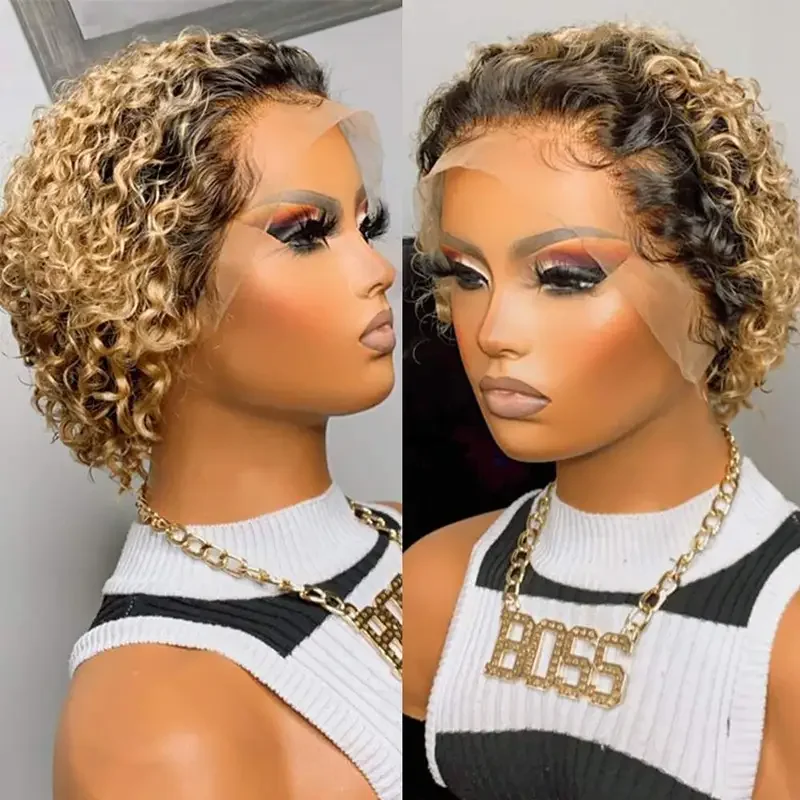 Short Curly Pixie Cut Wig Human Hair Lace Front 13x1 Transparent Lace Frontal Wig Honey Blonde Deep Water curly Human Hair