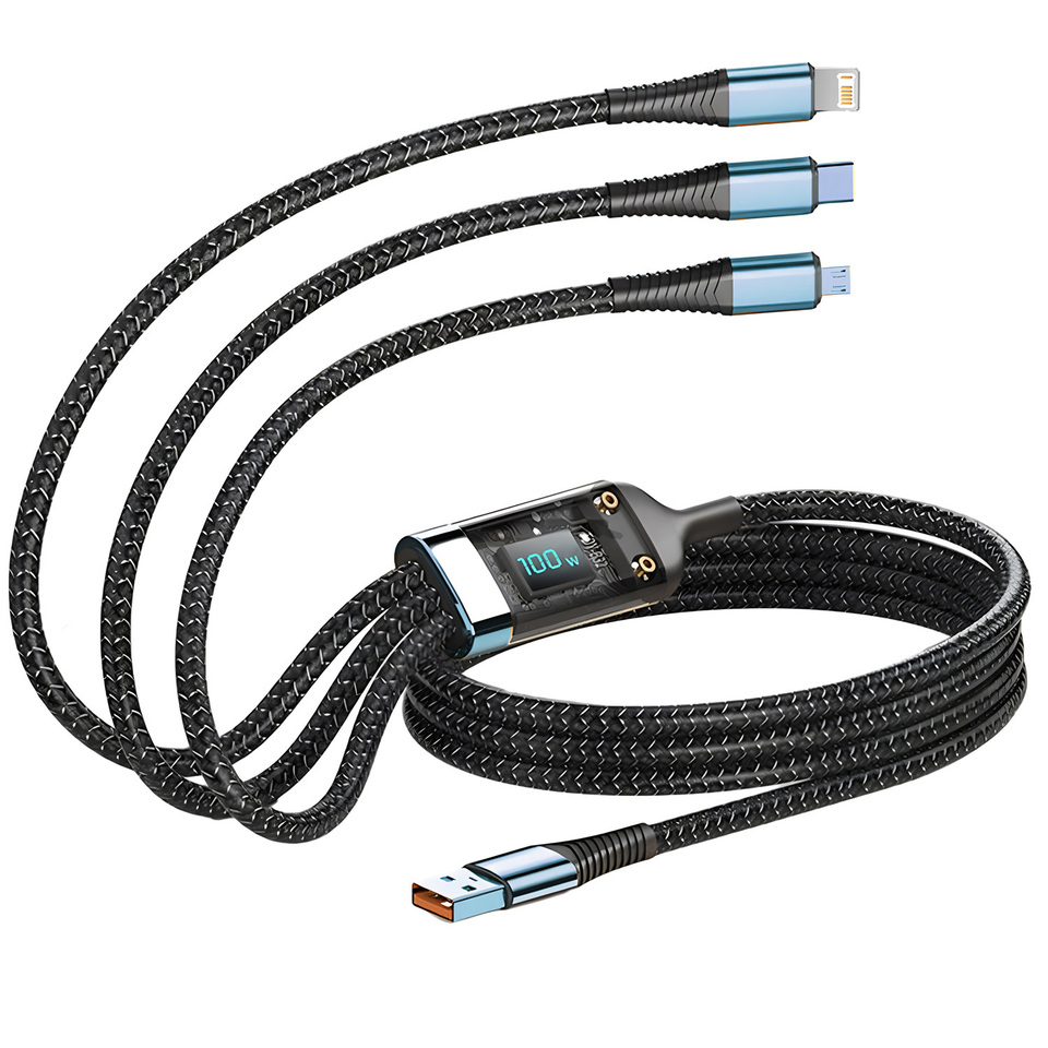 100W 3 In 1 Transparent Pilot Lamp Super Fast Charging Cable 6A Universal with Type C Usb Micro for Iphone Xiaomi Samsung Huawei