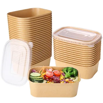 25sets Kraft Paper Food Containers with Lids Rectangular Meal Prep Paper Bowls Bento Takeout Lunch Box Portable Picnic Food Box