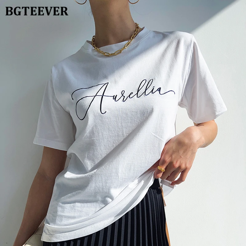 

BGTEEVER Casual Loose Short Sleeve Letter Printed Cotton T-shirts for Women Summer Fashion O-neck Ladies Basic Pullovers Tees