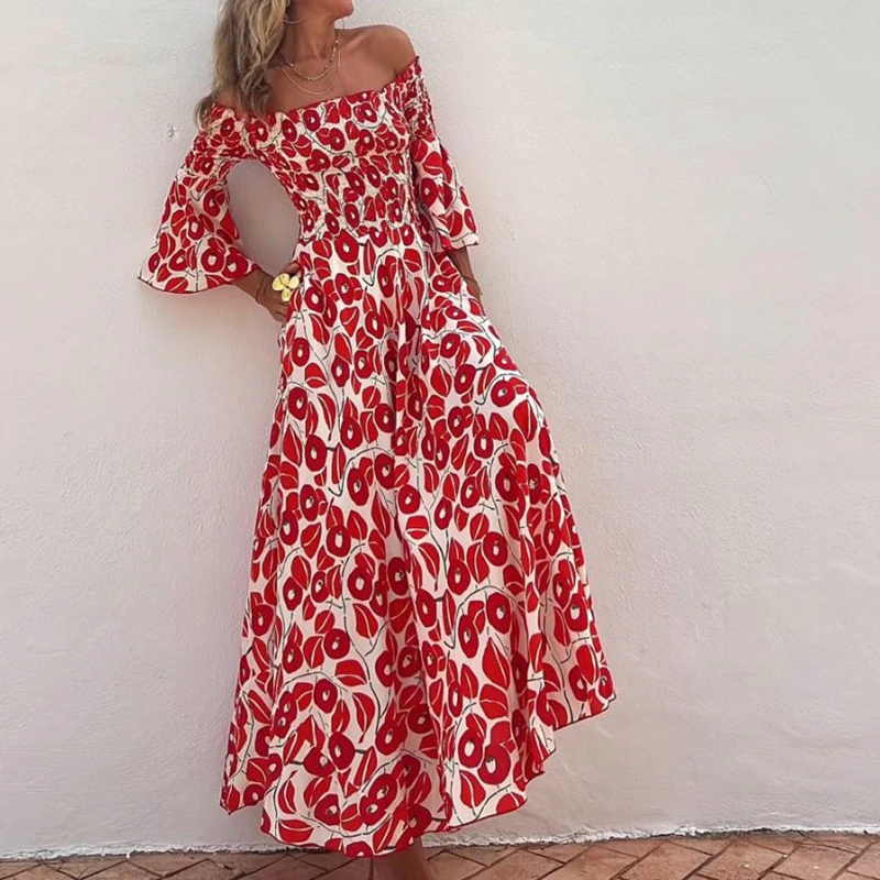 

Sexy Off Shoulder Big Hem Long Dress Summer Flare Sleeve High Waist A-line Dress Elegant Pattern Print Holiday Pleat Beach Dress