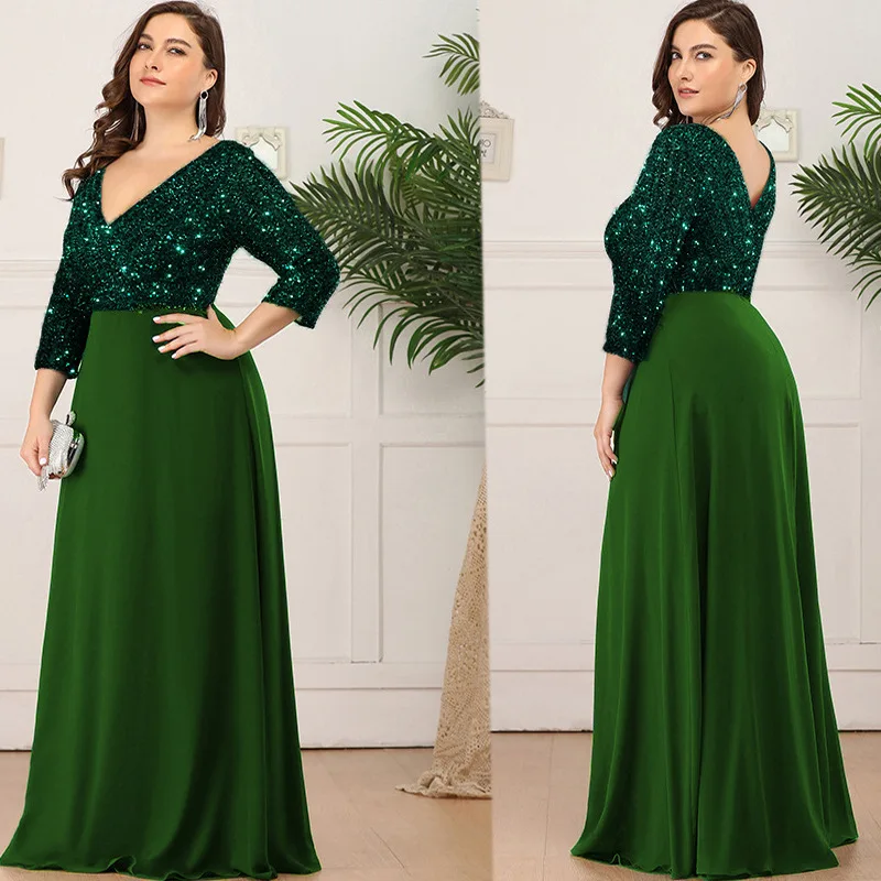 Women Plus Size Maxi Dresses 2023 New Summer Luxury Elegant Long Sleeve Sequined Formal Evening Party Wedding Cocktail Clothing