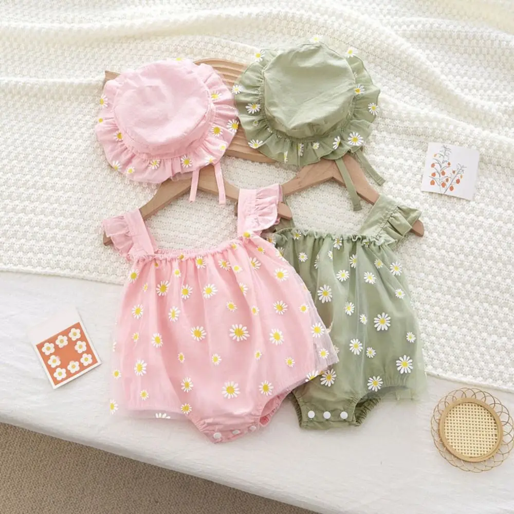 Mesh Flower Baby Princess Dress with Hat Sleeveless Sweet Thin Baby Climbing Suit Infant Romper Loose Toddle Jumpsuits