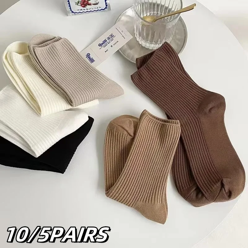 Womens socks 10/5 Pairs Solid Color Women's Mid Length Socks Leisure Spring Autumn Simplicity Stripe Soft Breathable Women's Soc