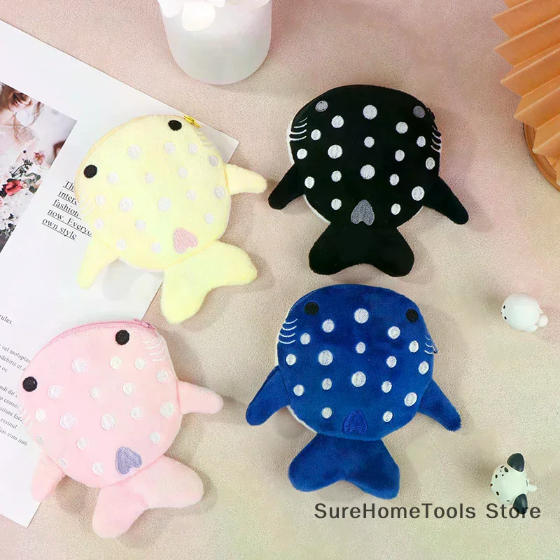 Cute Cartoon Shark Plush Coin Purse Zipper Zero Wallet for Kids Soft Animal Pendant Data Cable Bag Storage Pouch Girls Boys Gift